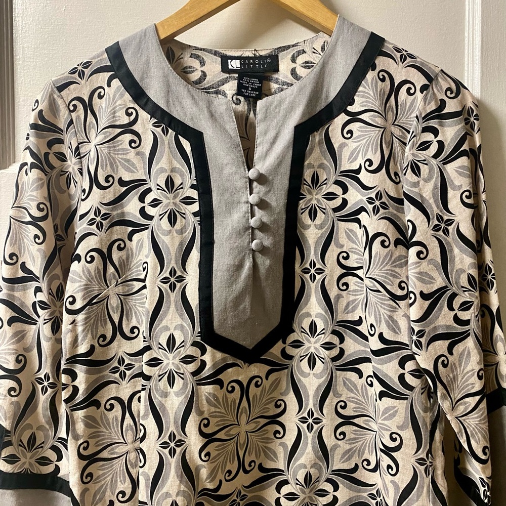 Vtg Carole Little Black and Gray Patterned Shirt Linen Blend Size Small